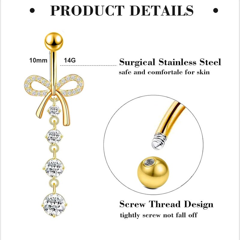 Suotarn 14G Belly Button ring Dangle Belly Rings Surgical Stainless Steel Cute Bow Butterfly Heart Flower Dangling Belly Button Piercing Jewelry For Women Silver Dainty Dangly Navel Ring - Image 2